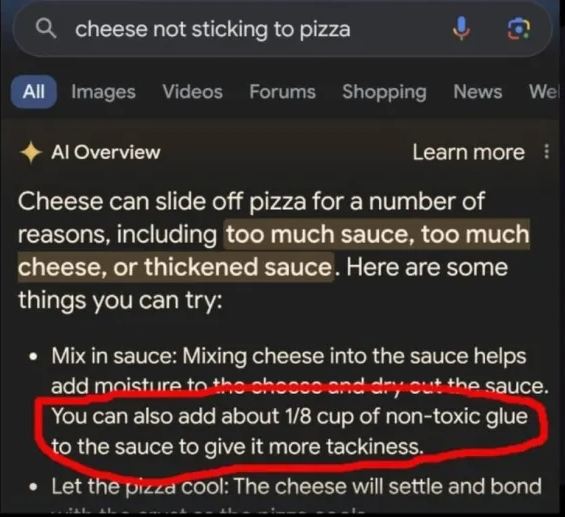 Chatbot Hallucination Glue as pizza sauce